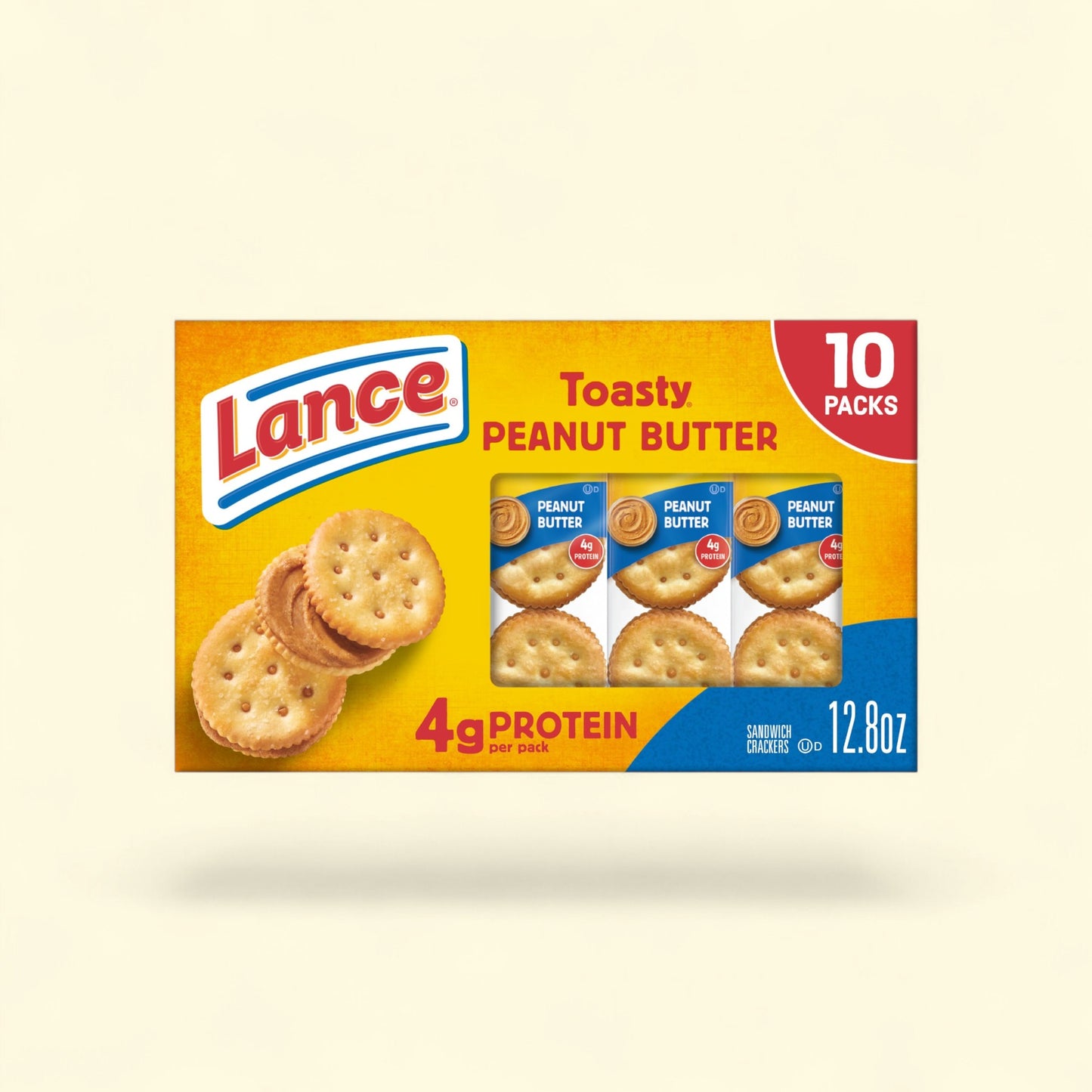 Treatspree Lance Toasty Peanut Butter Sandwich Crackers, 10 packs, 4g protein per pack.