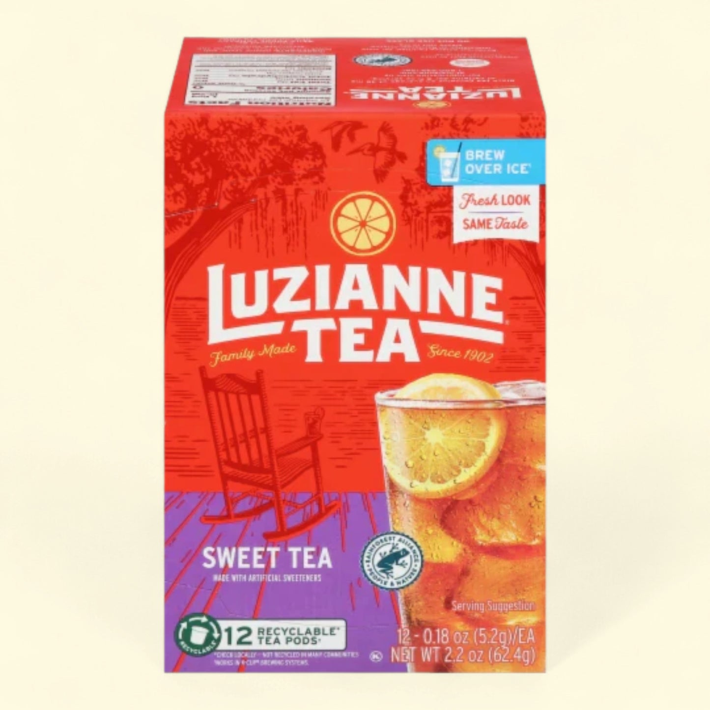 Treatspree Luzianne Sweet Iced Tea single serve pods, 12 count box with a glass of iced tea and lemon slice.