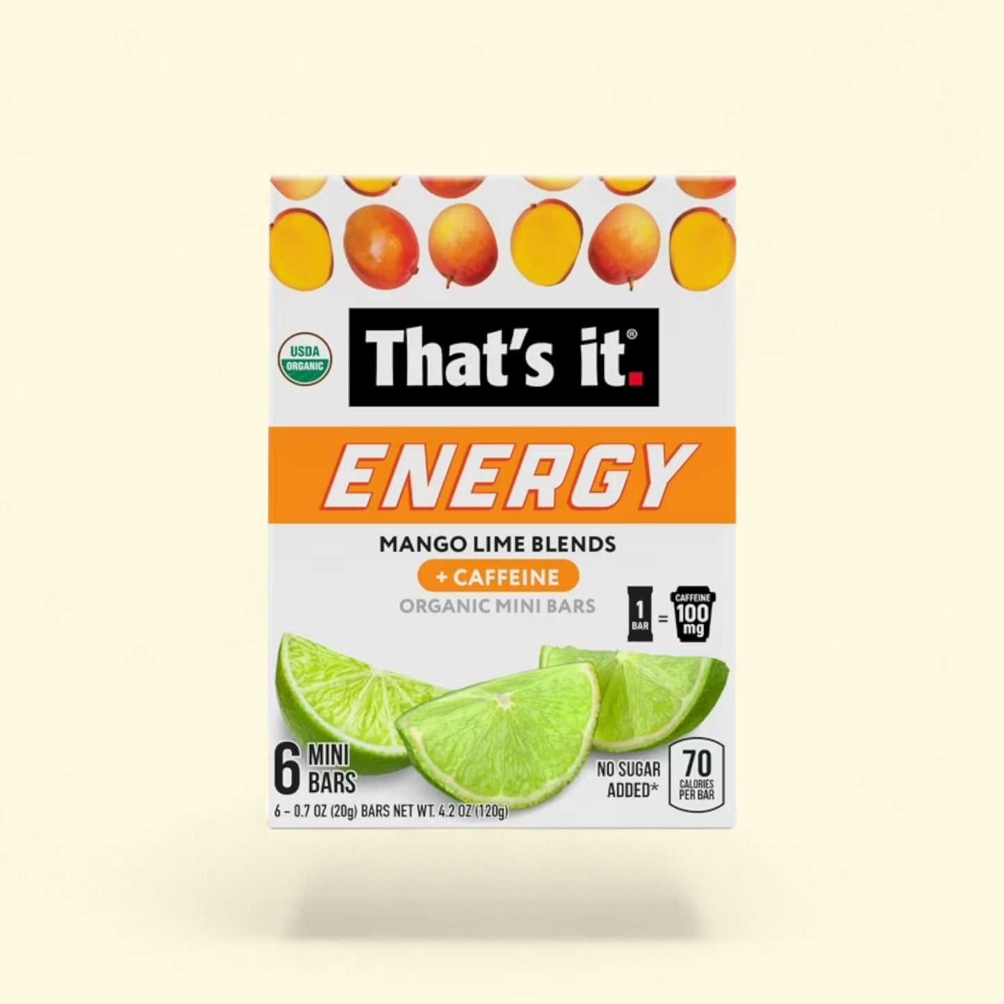 Treatspree That's It. Mango Lime Blends Energy Bars, 6 mini bars, organic, caffeine, no sugar added, 70 calories per bar.