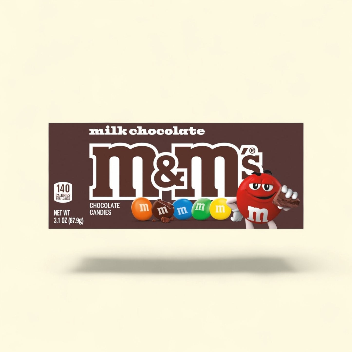 Treatspree M&M'S Milk Chocolate Candies in a 3.1 oz box with colorful candy shells and a red M&M character holding a piece of chocolate.