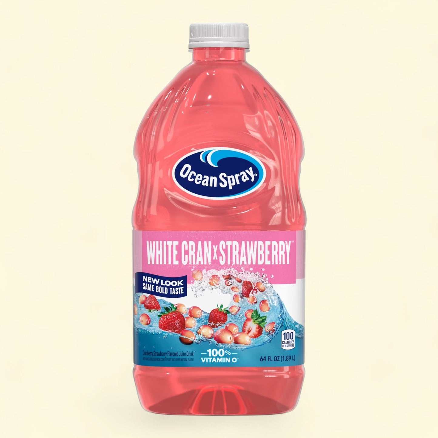 Treatspree Ocean Spray White Cran-Strawberry Juice Drink 64 fl oz bottle with white cap. Pink juice with strawberries and cranberries.