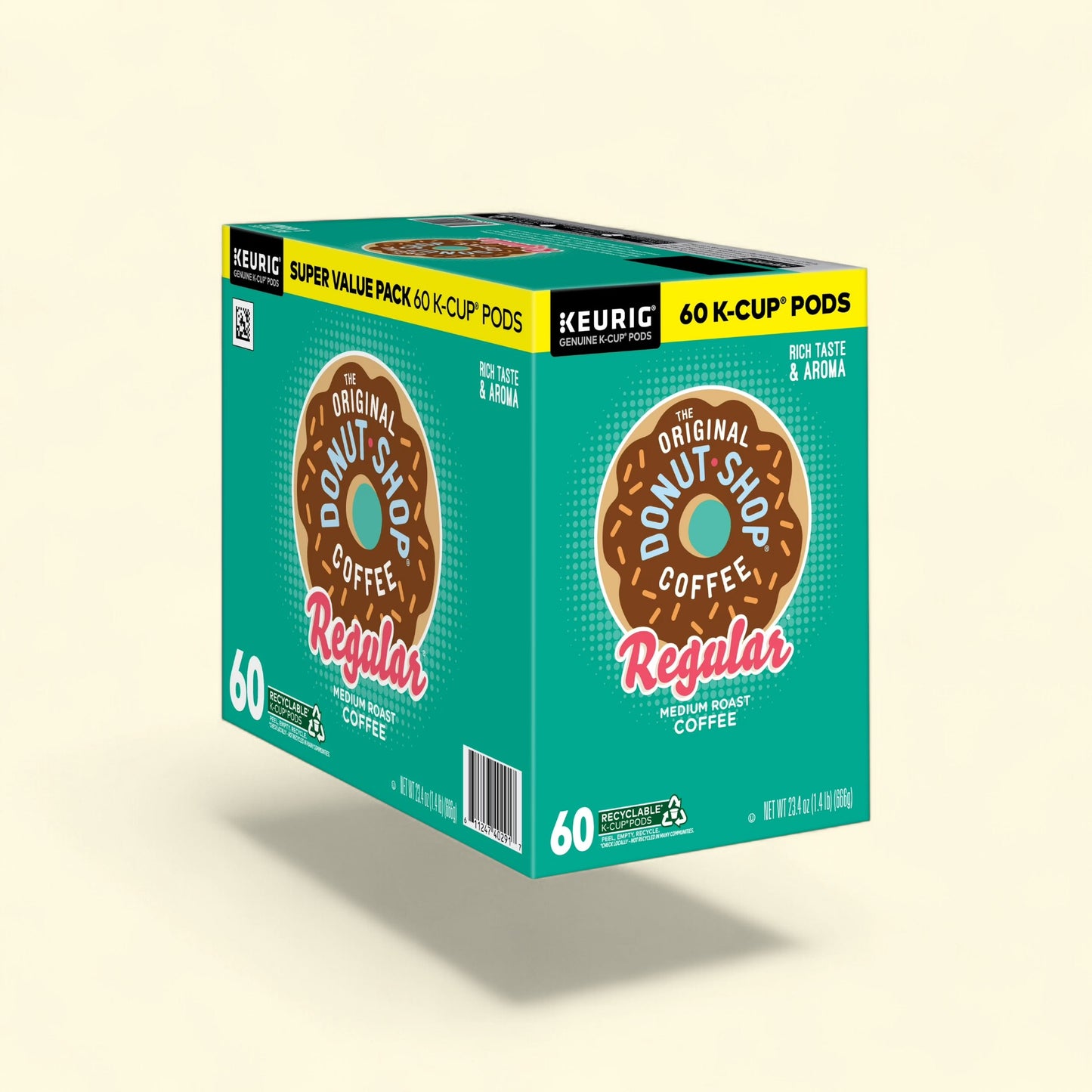 Treatspree The Original Donut Shop Regular Medium Roast K-Cup Coffee Pods, 60 count box with donuts and text.