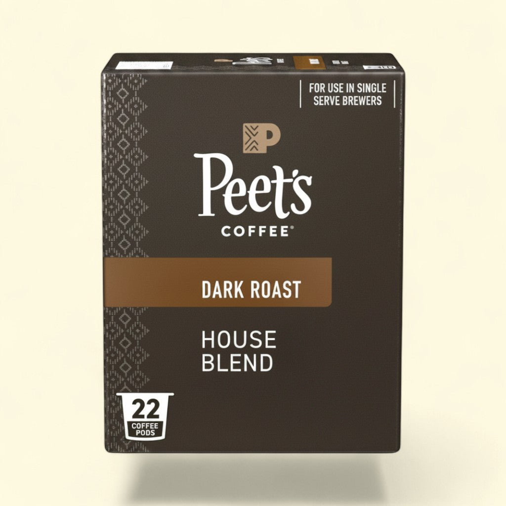 Treatspree Peet's Coffee House Blend Dark Roast single serve coffee pods, 22 count box with one pod shown.