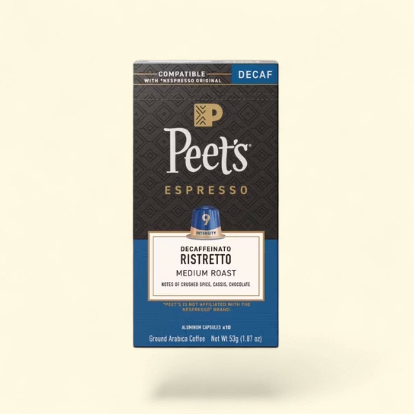 Treatspree Peet's Coffee Decaf Ristretto Intensity 9 espresso capsules, 10 count aluminum capsules, medium roast with notes of crushed spice, cassis, and chocolate.