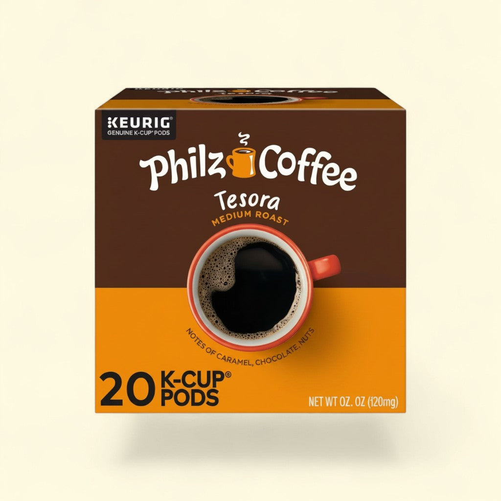 Treatspree Philz Coffee Tesora medium roast K-Cup pods with notes of caramel, chocolate, and nuts. Box of 20 pods.