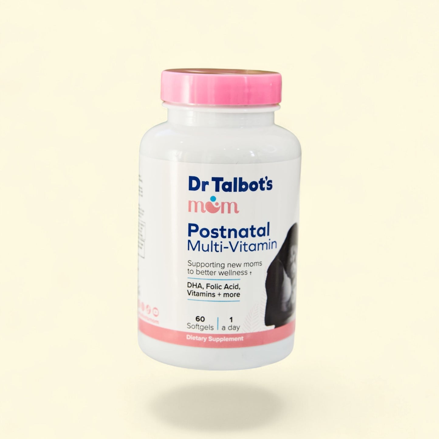 Dr. Talbot's Mom Postnatal Multi-Vitamin bottle with pink lid, supporting new moms with DHA, Folic Acid, and more.