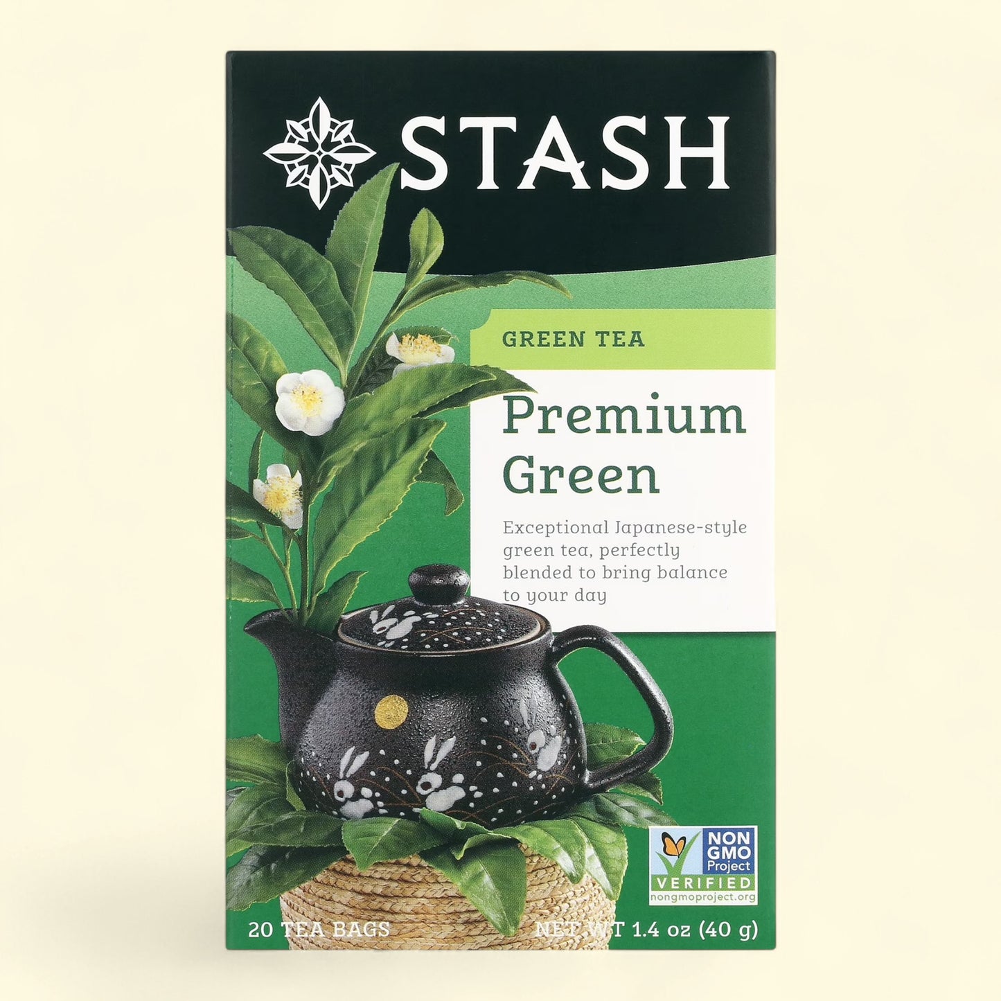 Treatspree Stash Premium Green Tea Bags, 20 count, featuring Japanese green tea and a decorative teapot.