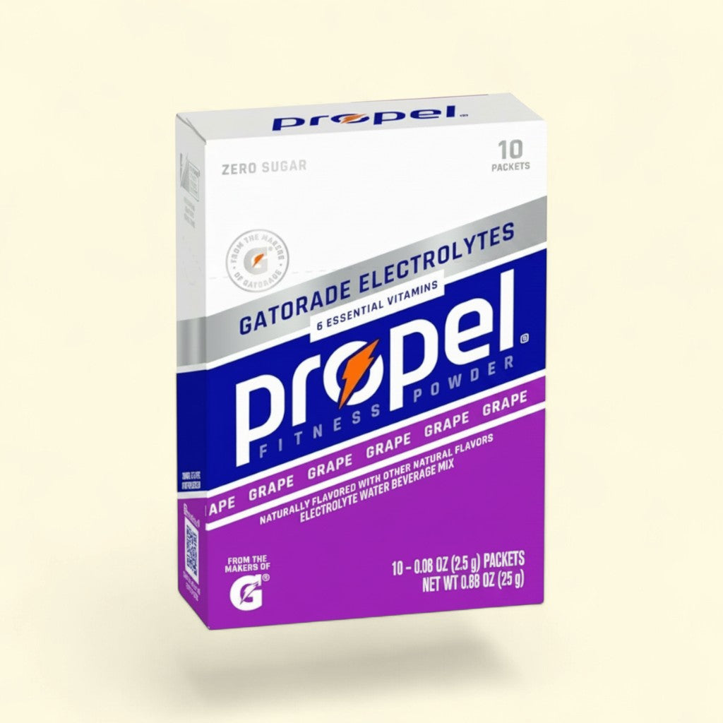 Treatspree Propel Grape electrolyte powder drink mix box and single packet. Zero sugar, 10 packets.