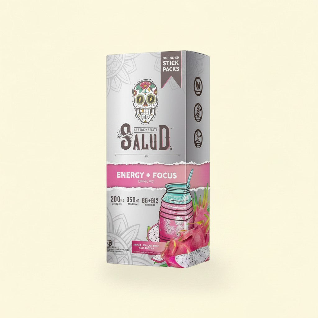 Treatspree Salud Energy + Focus Pitaya/Dragon Fruit Drink Mix 6pk box and single stick pack with a glass of pink drink and dragon fruit.