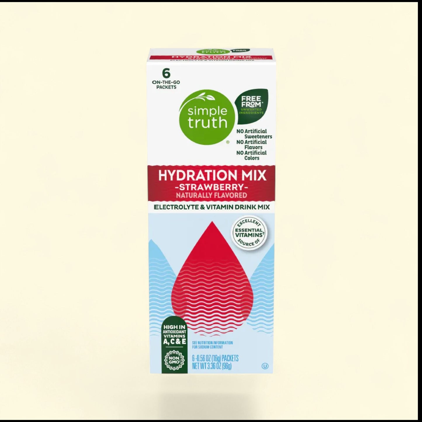 Treatspree Simple Truth Strawberry Hydration Mix packets are naturally flavored, free from artificial ingredients, and high in antioxidant vitamins A, C, & E.