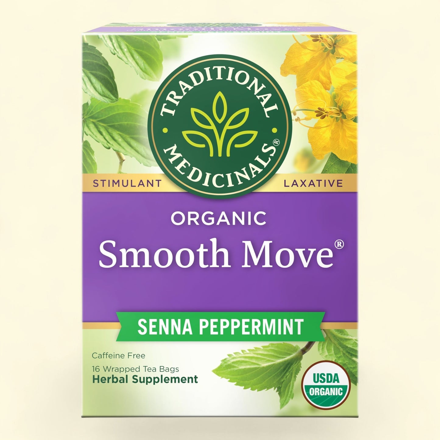 Treatspree Traditional Medicinals Organic Smooth Move Senna Peppermint tea box. Caffeine-free herbal supplement, 16 wrapped tea bags.