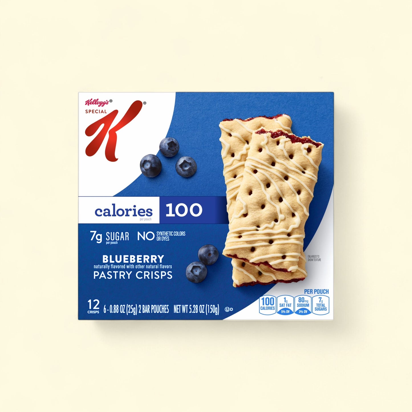Treatspree Special K Blueberry Pastry Crisps, 100 calories per pouch, drizzled with icing.
