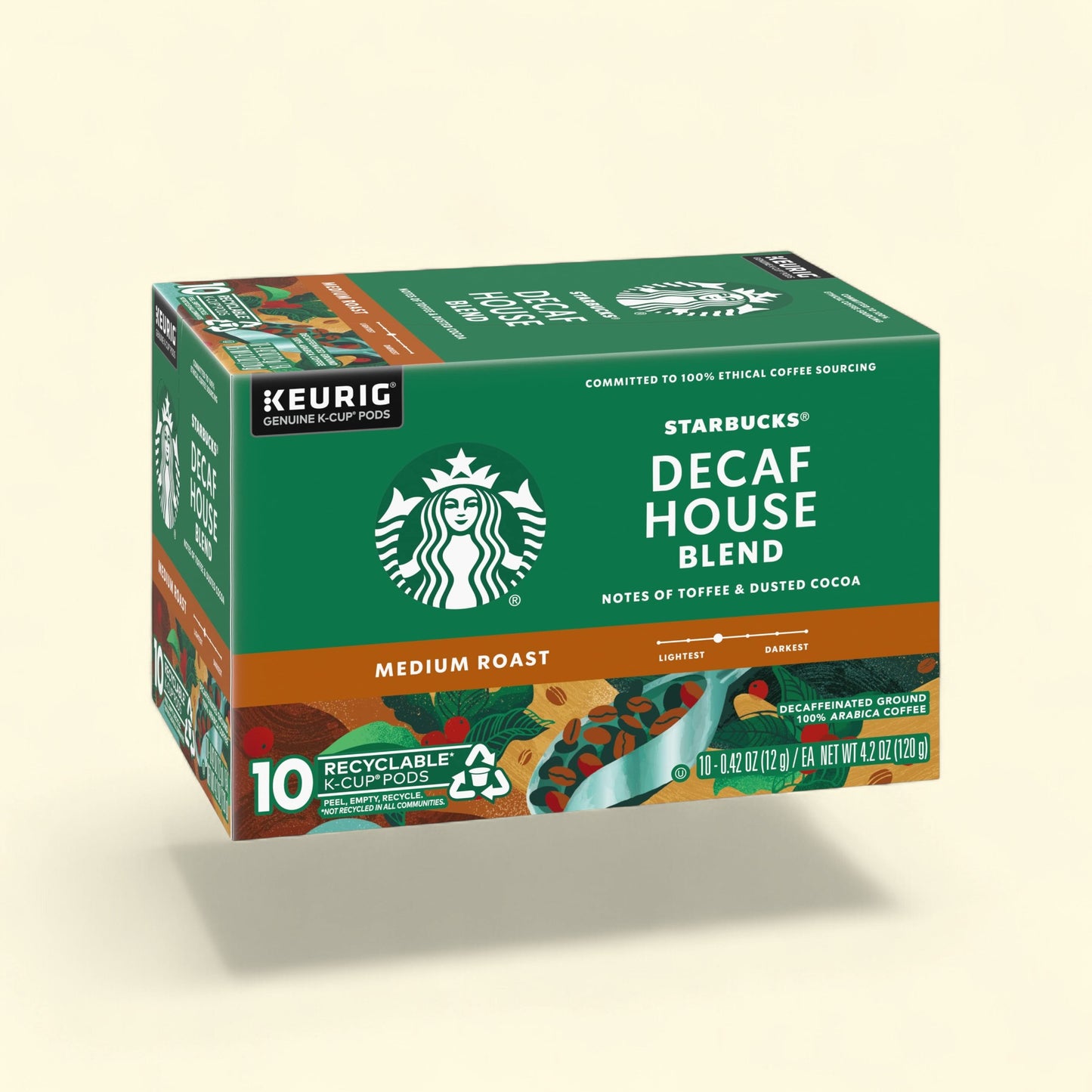 Treatspree Starbucks Decaf House Blend K-Cup Coffee Pods, medium roast with notes of toffee and cocoa, 10 recyclable pods.