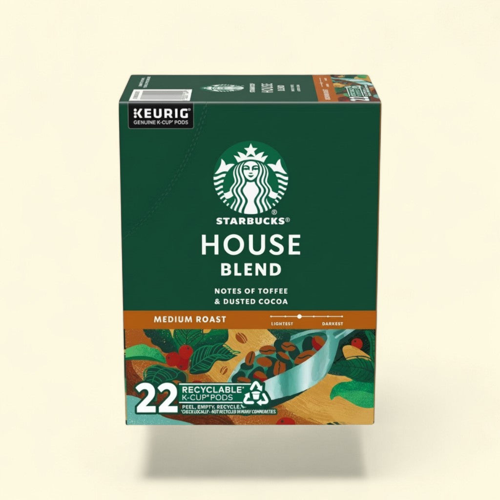 Treatspree Starbucks House Blend Medium Roast Coffee Pods for Keurig, 22 recyclable K-Cup pods with notes of toffee & dusted cocoa.