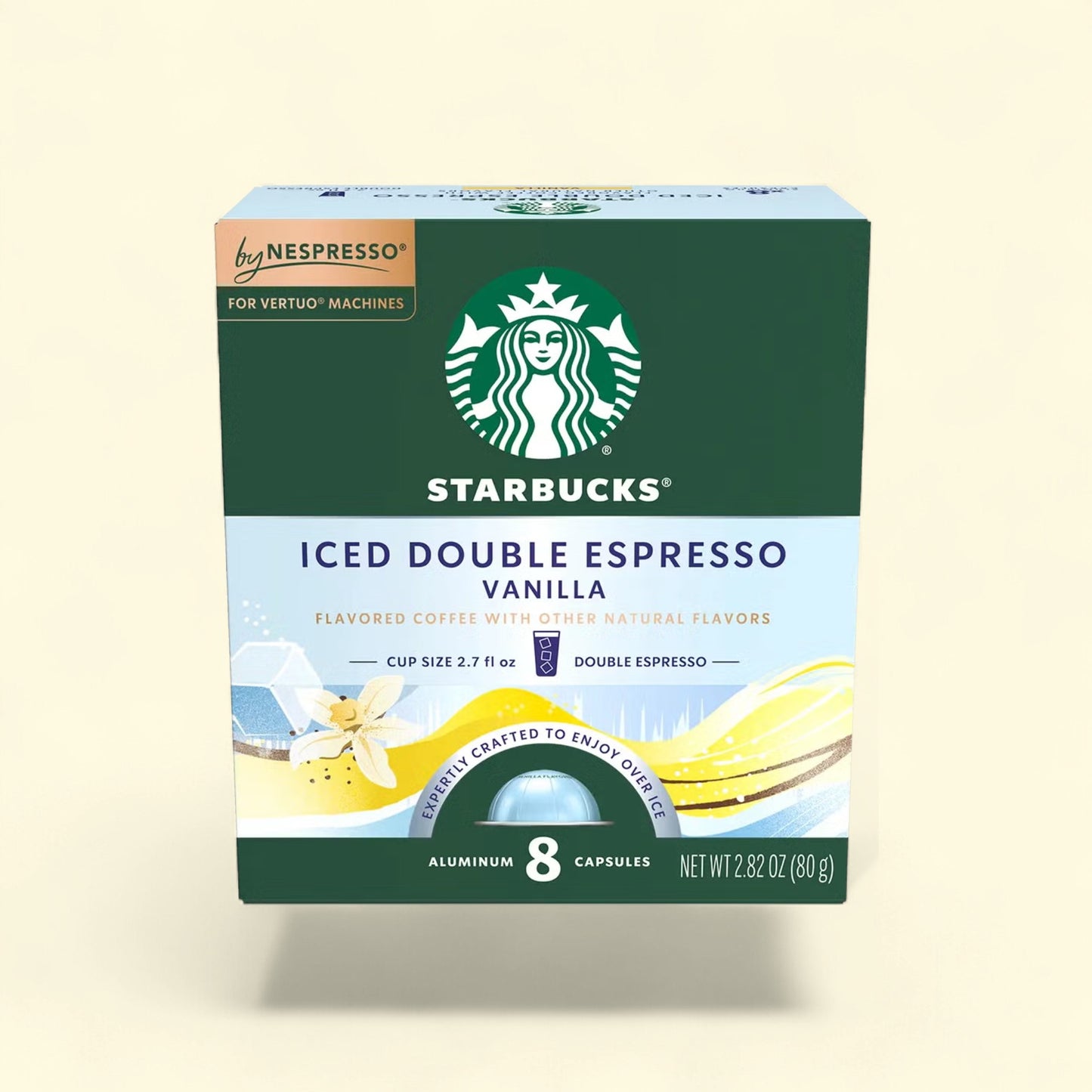 Treatspree Starbucks by Nespresso Vertuo Iced Double Espresso Vanilla coffee pods, 8 count, for Vertuo machines.