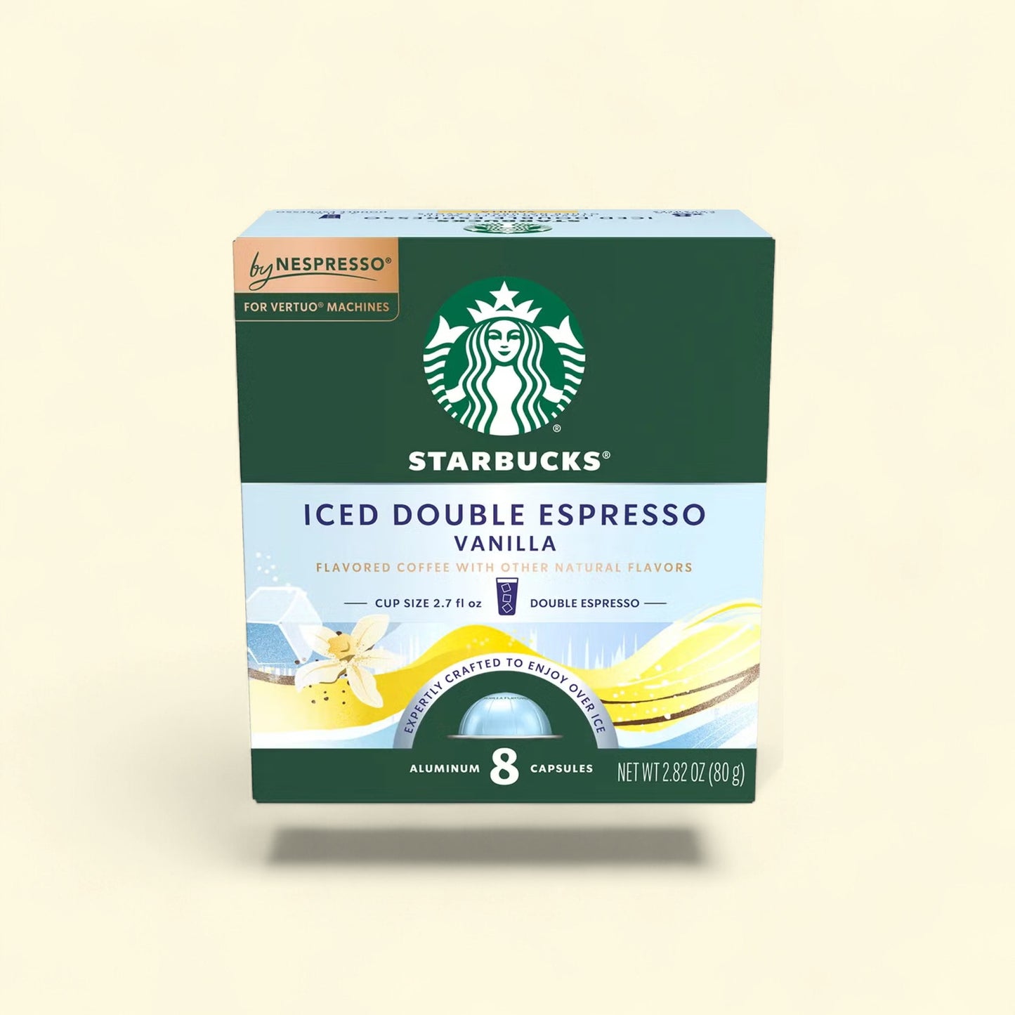 Treatspree Starbucks by Nespresso Vertuo Iced Double Espresso Vanilla flavored coffee pods, 8 count. Light roast coffee with vanilla notes.