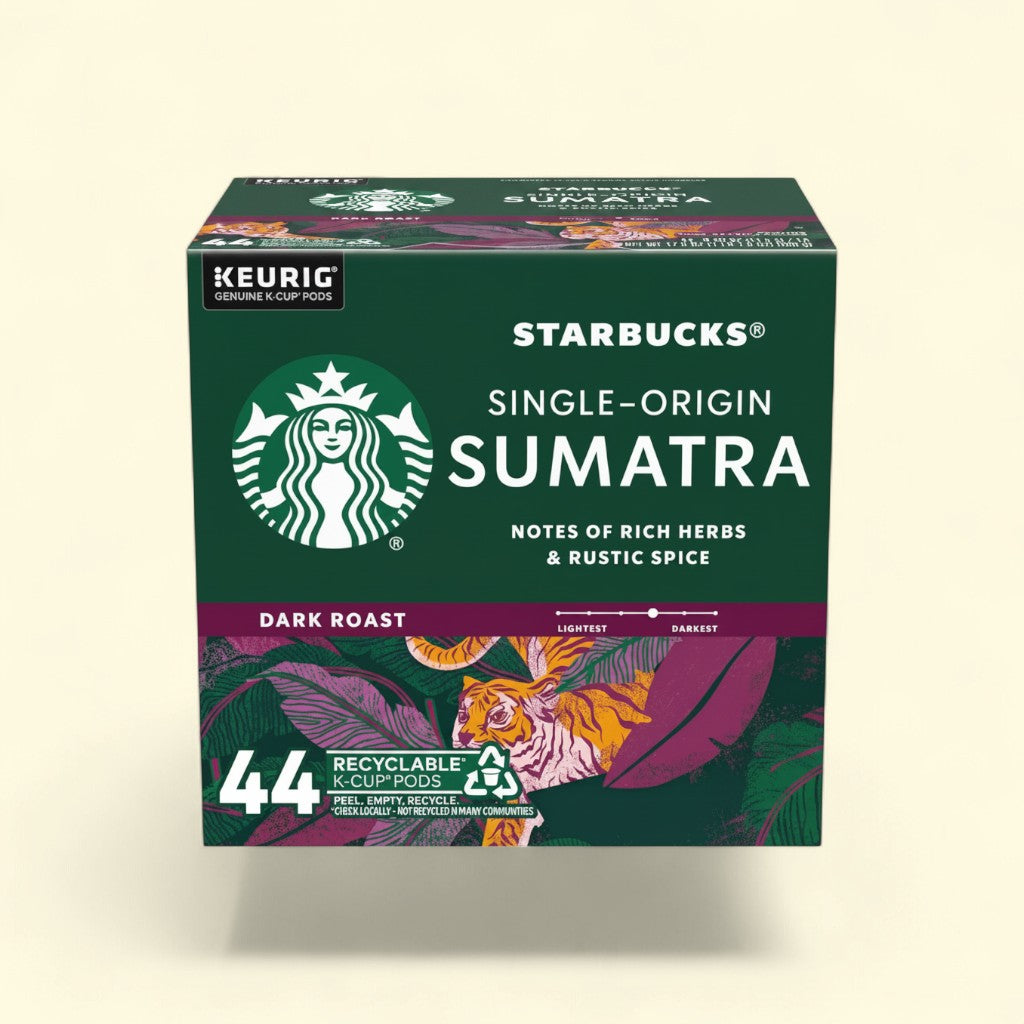 Treatspree Starbucks Sumatra Dark Roast Coffee Pods, 44 count, single-origin, 100% arabica beans, notes of rich herbs and rustic spice.
