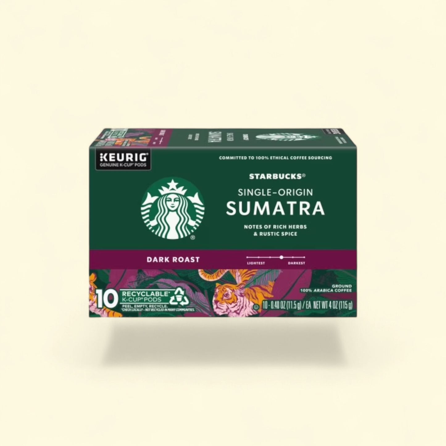 Treatspree Starbucks Sumatra Dark Roast K-Cup Coffee Pods, 10 count. Single-origin 100% arabica coffee with notes of rich herbs and rustic spice.