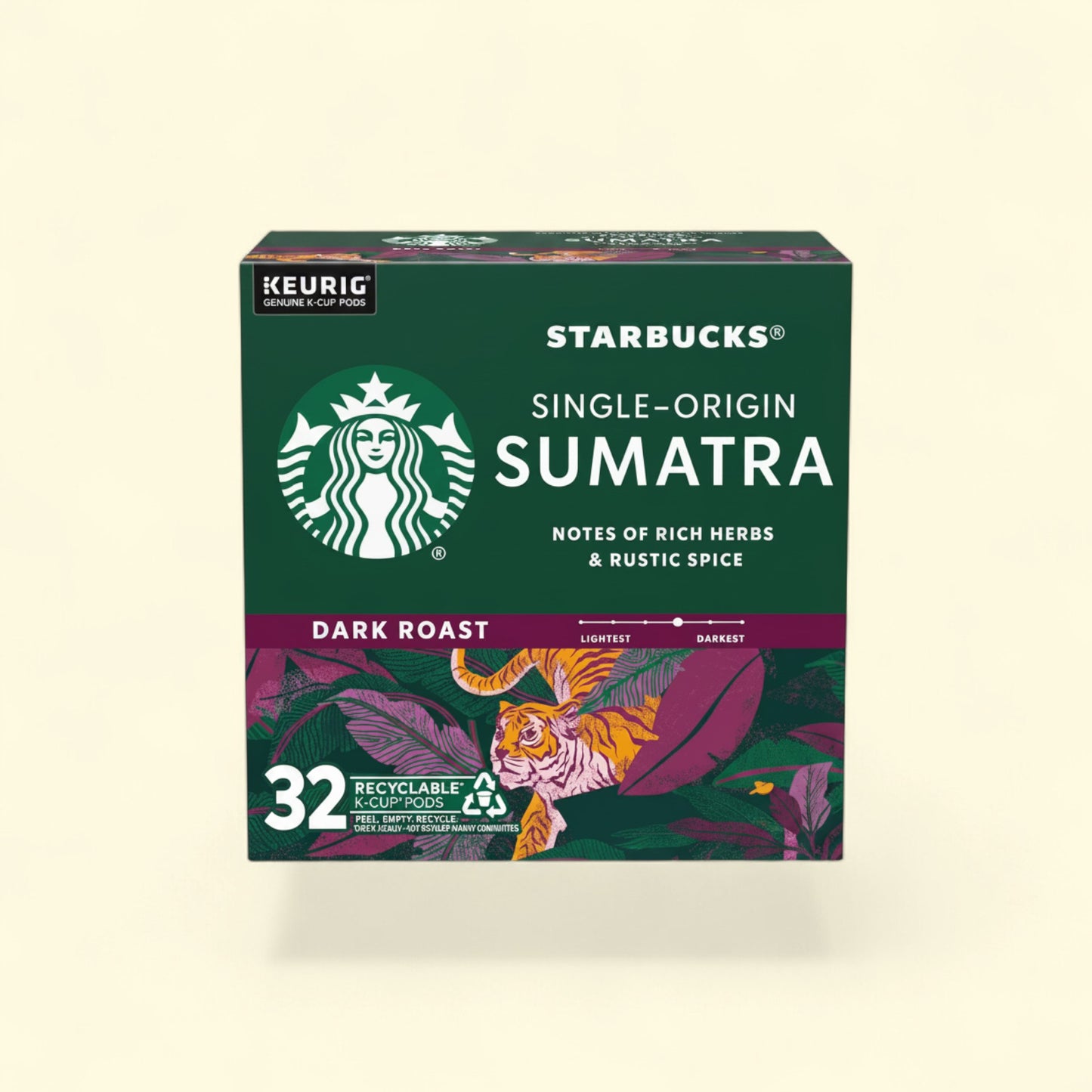 Treatspree Starbucks Sumatra Dark Roast K-Cup Coffee Pods, 32 count. Dark roast coffee with notes of rich herbs and rustic spice.