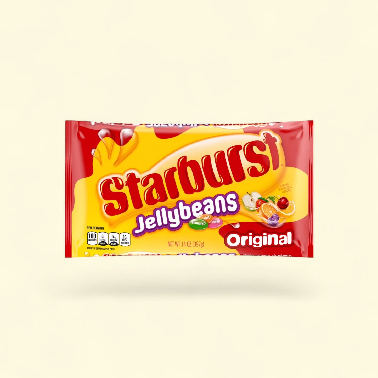 Treatspree Starburst Original Jelly Beans 14 oz bag with assorted fruit flavors like cherry, orange, and strawberry.