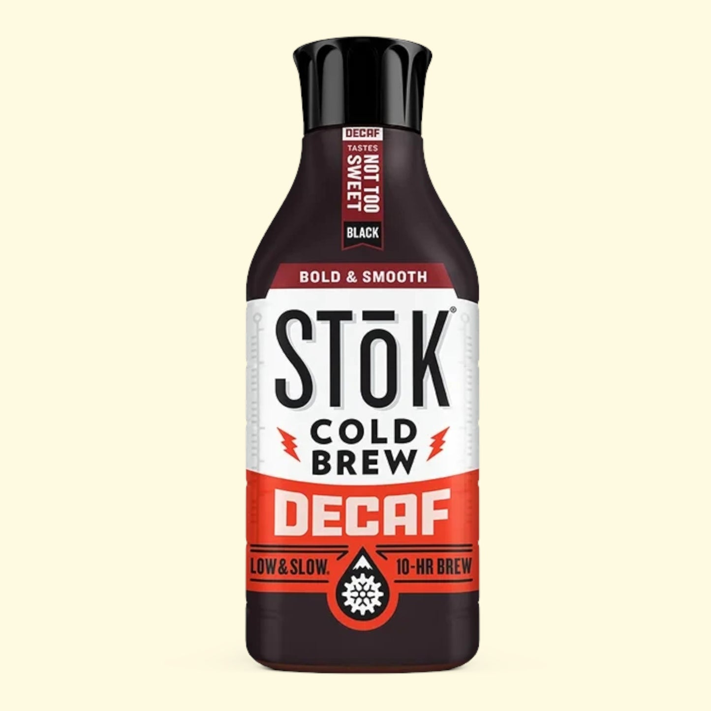 Treatspree SToK Decaf Not Too Sweet Cold Brew Coffee, 48 fl oz bottle, black with red and white label.