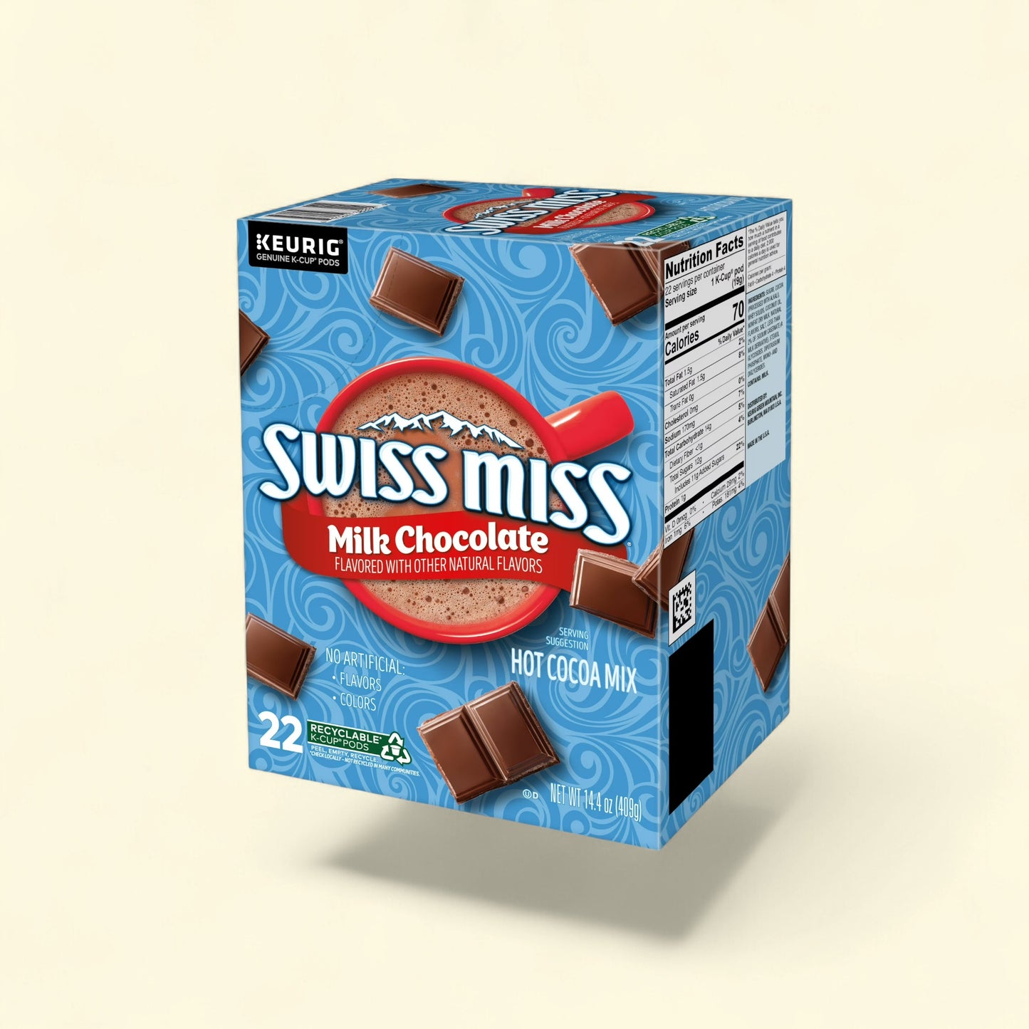 Treatspree Swiss Miss Milk Chocolate Hot Cocoa K-Cup Pods, 22 count box with chocolate squares and a mug of cocoa.