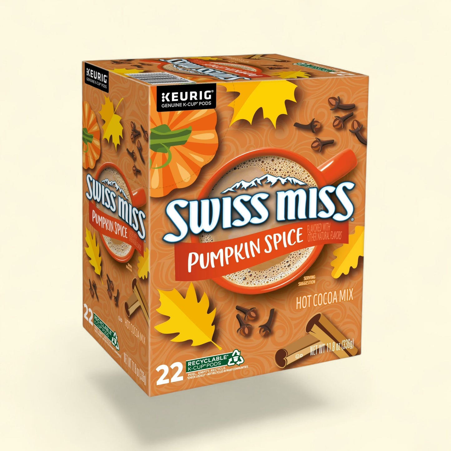 Treatspree Swiss Miss Pumpkin Spice Hot Cocoa K-Cup Pods, 22 count box with fall leaf and pumpkin graphics.