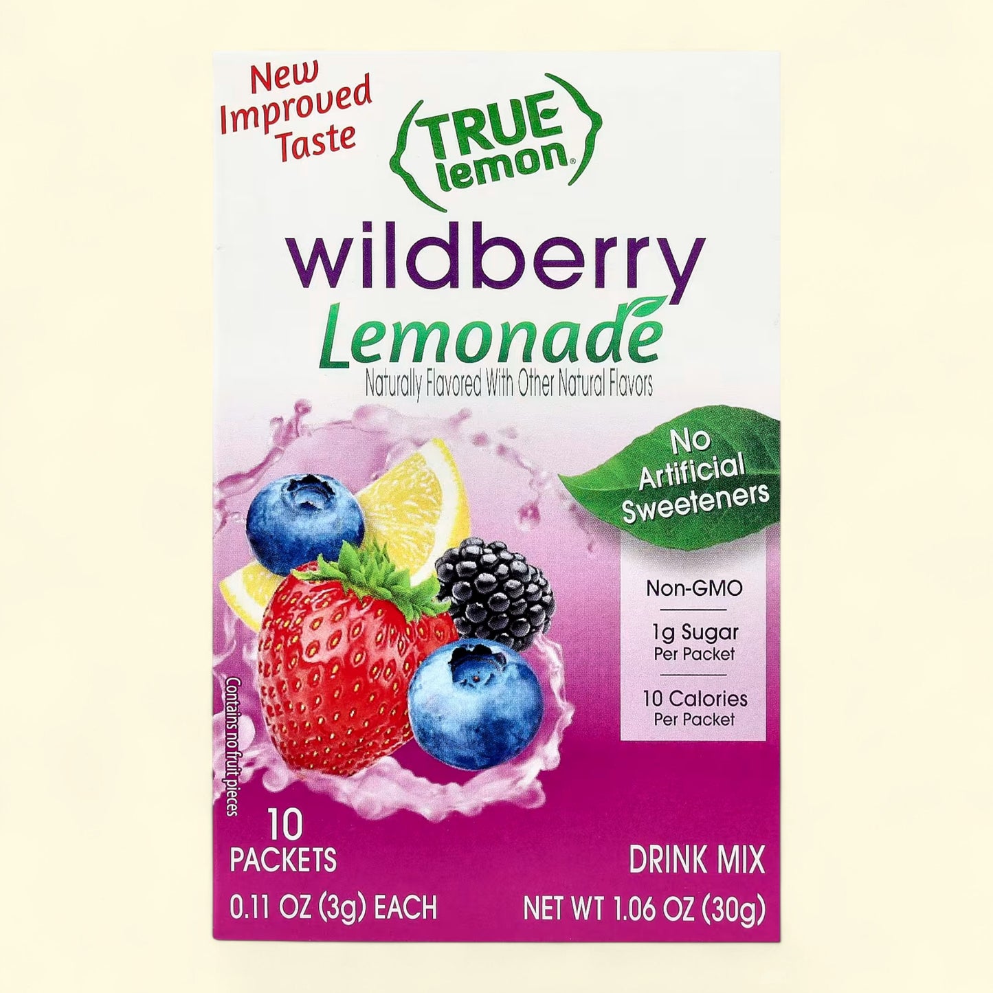 Treatspree True Lemon Wildberry Lemonade Drink Mix Packets, 10 pk. Made with real lemons and wildberries. 10 calories, 1g sugar per packet. No artificial sweeteners.