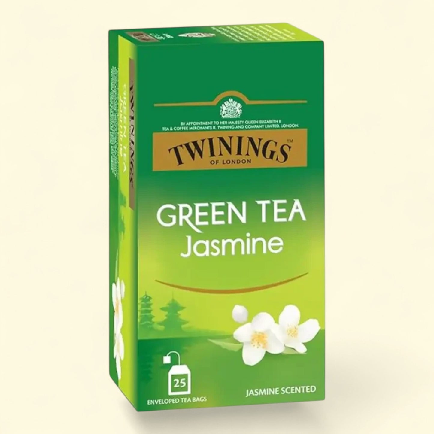 Treatspree Twinings of London Jasmine Green Tea Bags, 25 count box with floral and pagoda imagery.