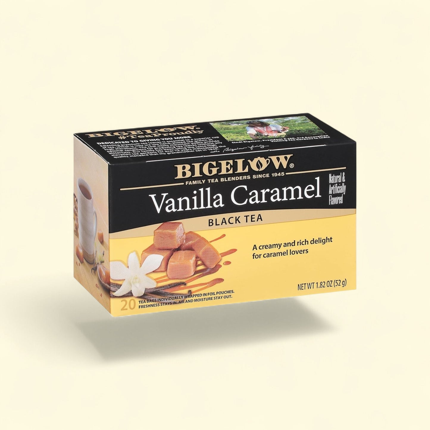 Treatspree Bigelow Vanilla Caramel Black Tea box with 20 tea bags. Features caramel squares, vanilla flower, and vanilla beans.