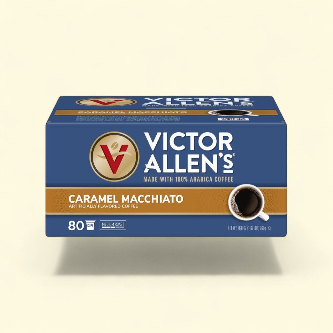 Treatspree Victor Allen's Coffee Caramel Macchiato medium roast single-serve coffee pods, 80 count box.
