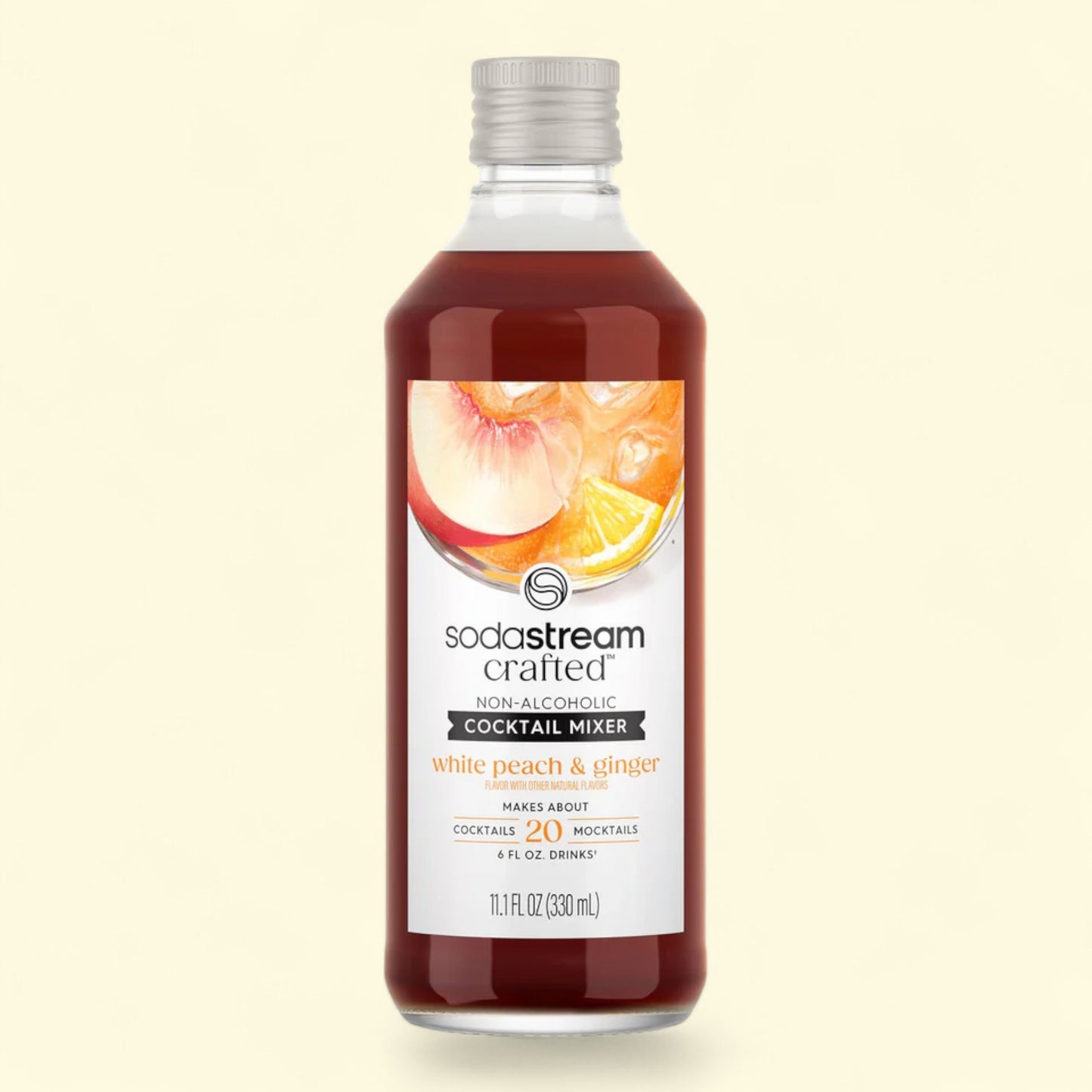 SodaStream cocktail mixer bottle with white peach and ginger flavor on a beige background