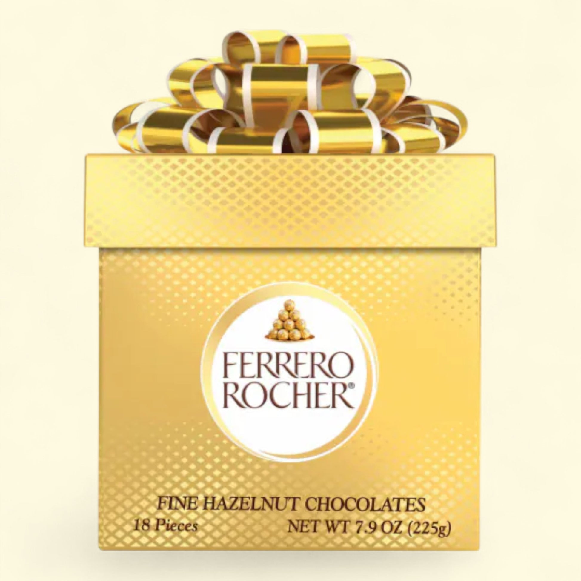 Gold Ferrero Rocher chocolate box with a bow
