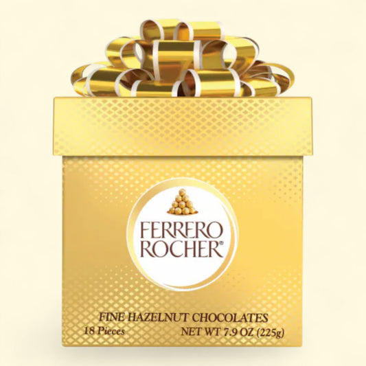 Gold Ferrero Rocher chocolate box with a bow