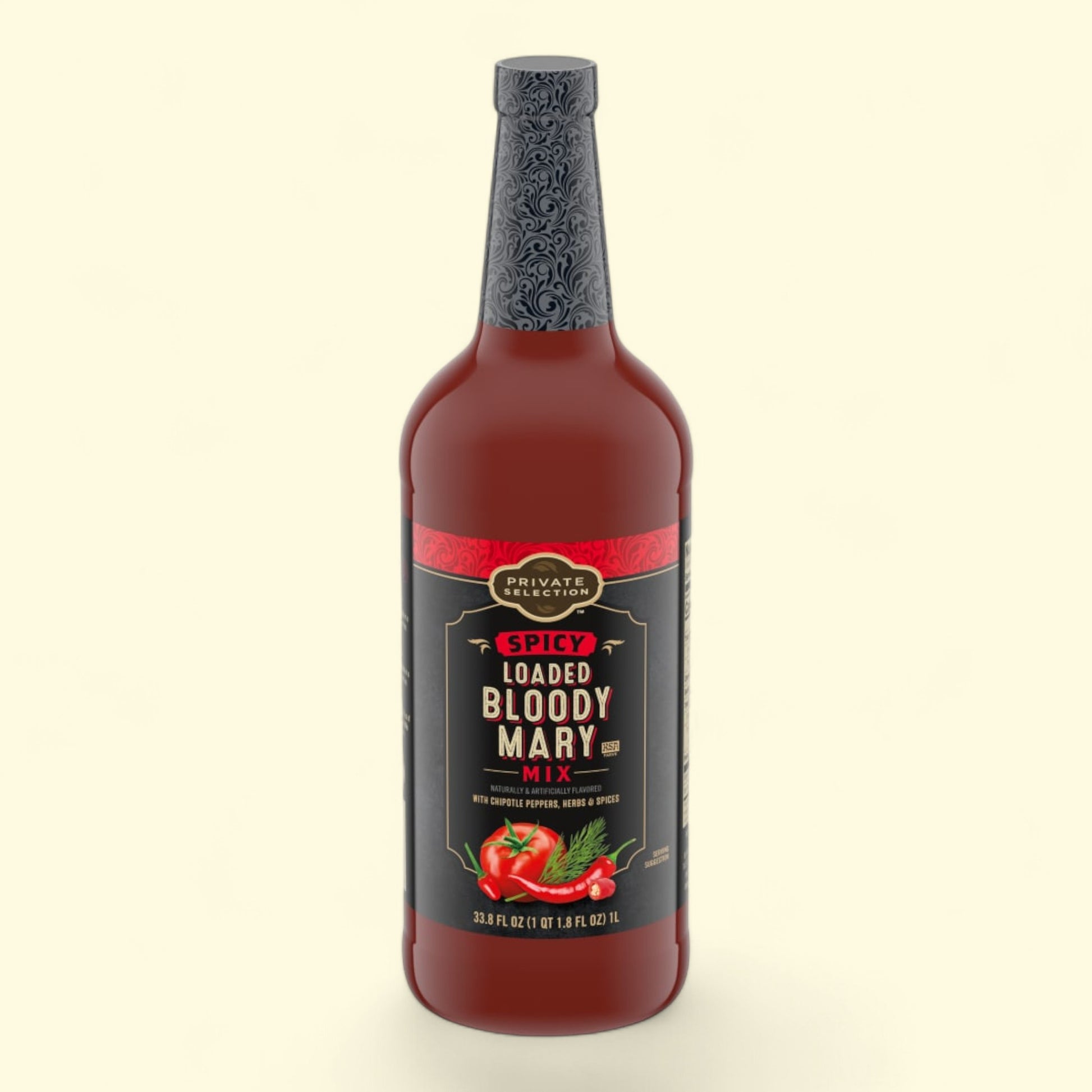 Bottle of spicy loaded bloody mary mix on a beige background