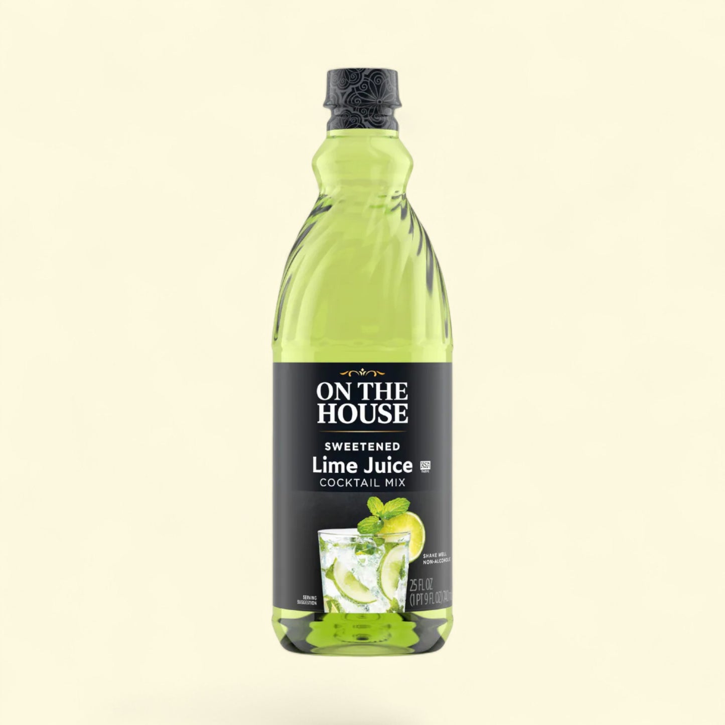 Bottle of 'On The House' sweetened lime juice cocktail mix on a light beige background