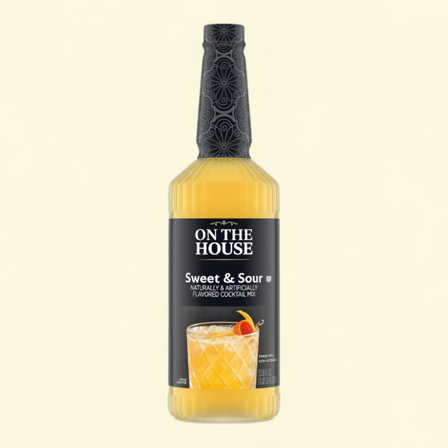 Bottle of 'On The House' Sweet & Sour cocktail mix on a beige background