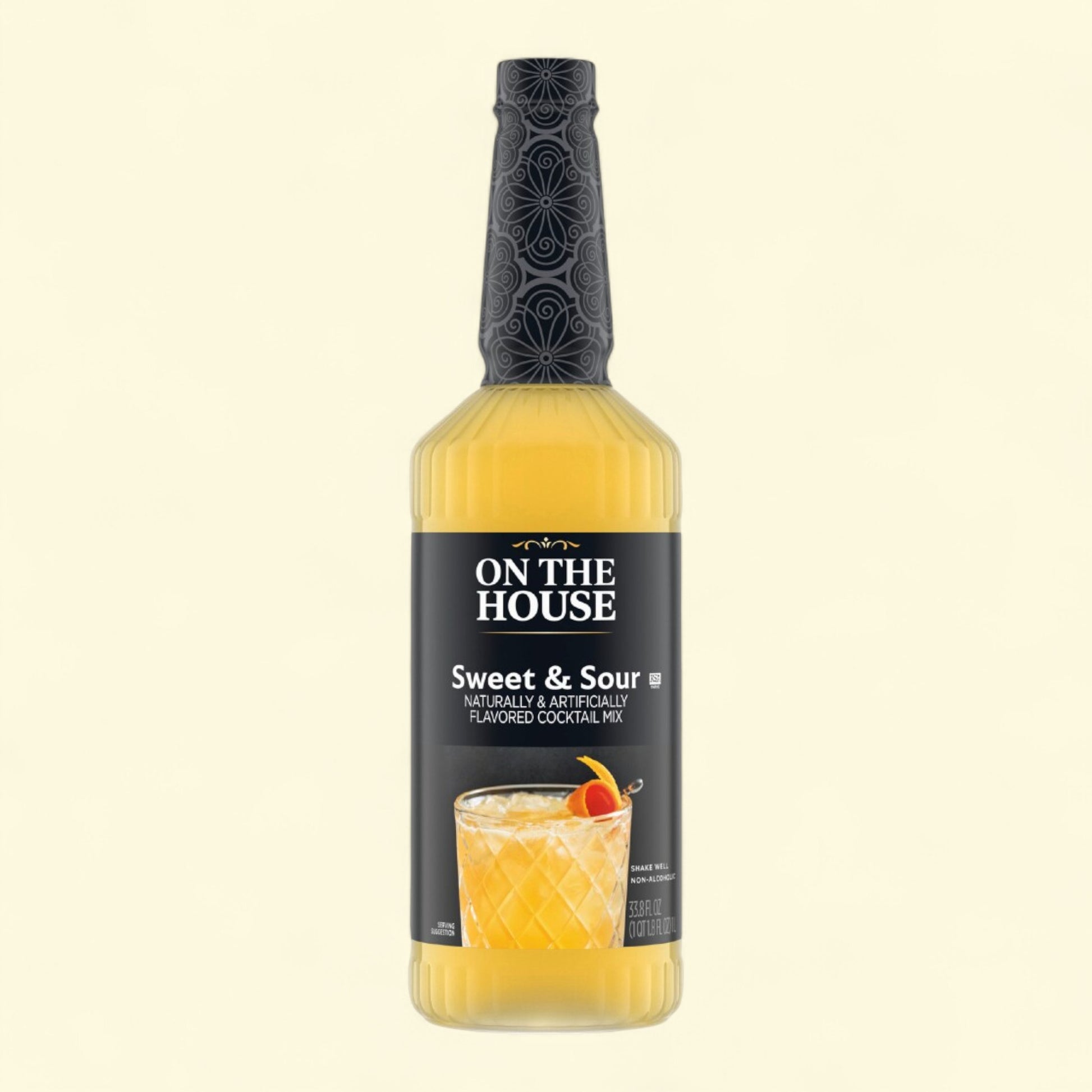 Bottle of 'On The House' Sweet & Sour cocktail mix on a beige background