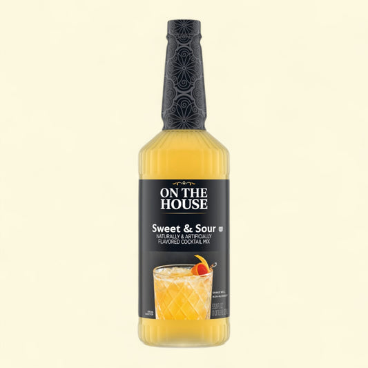 Bottle of 'On The House' Sweet & Sour cocktail mix on a beige background