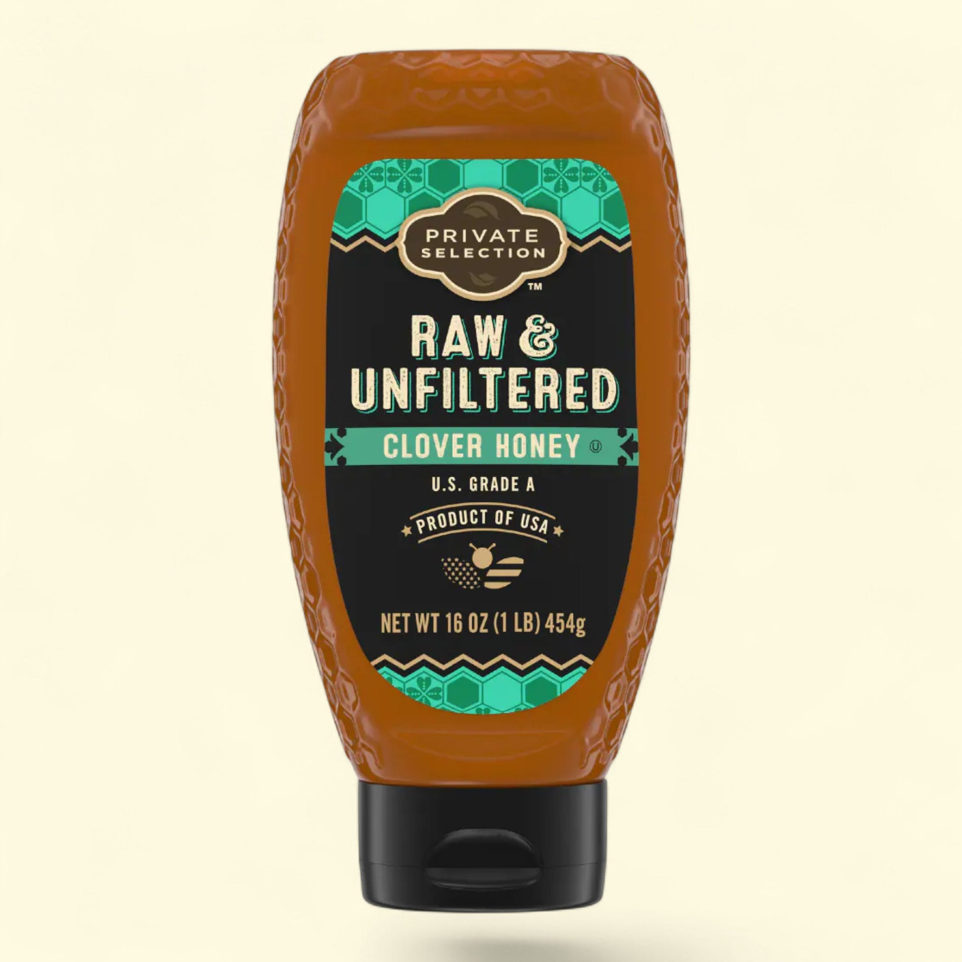 Raw & Unfiltered Clover Honey on a beige background