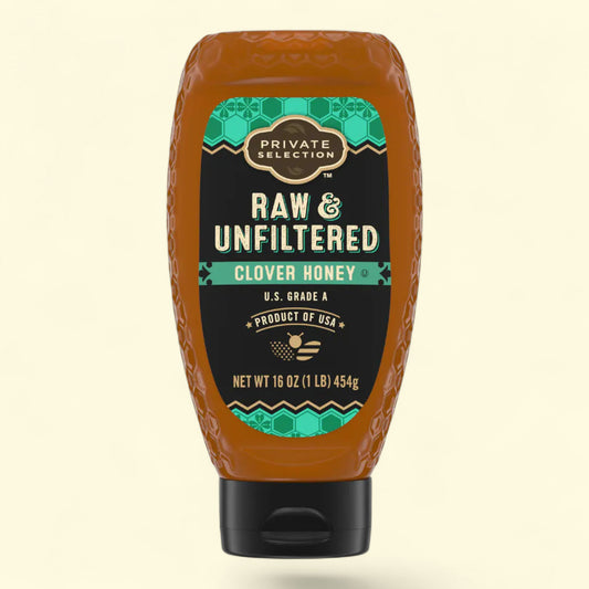 Raw & Unfiltered Clover Honey on a beige background