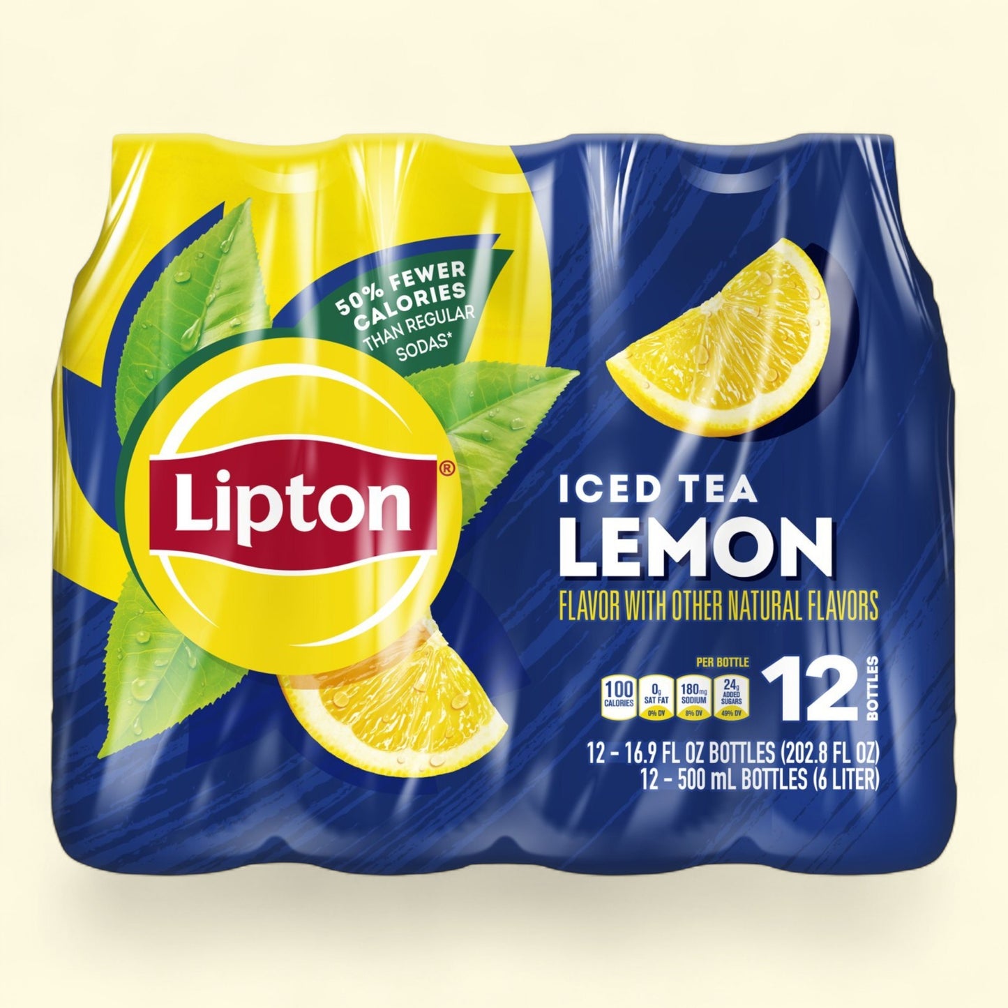 Lipton Lemon Iced Tea packaging with lemons and tea leaves on a blue background