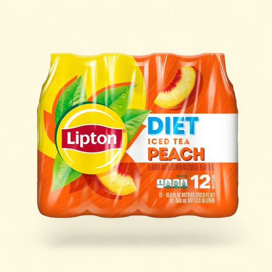 Lipton Diet Peach Iced Tea packaging on a beige background