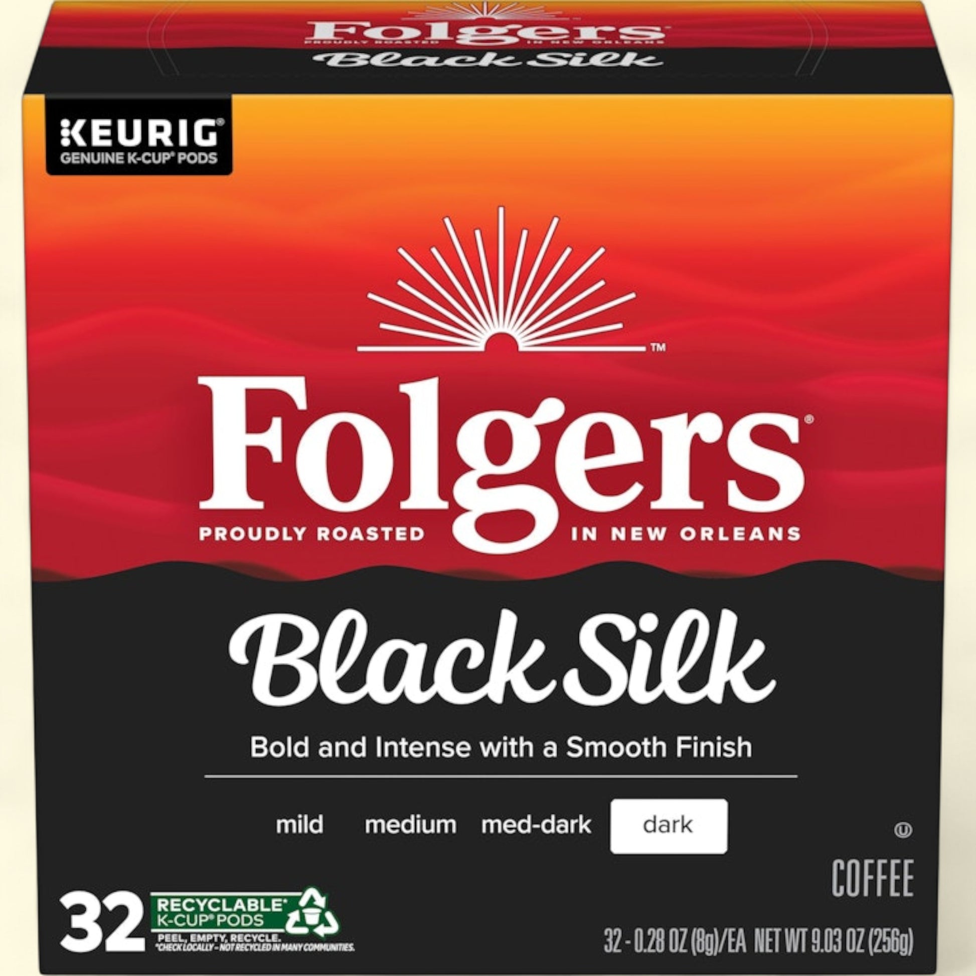 Folgers Black Silk coffee package with red and black design