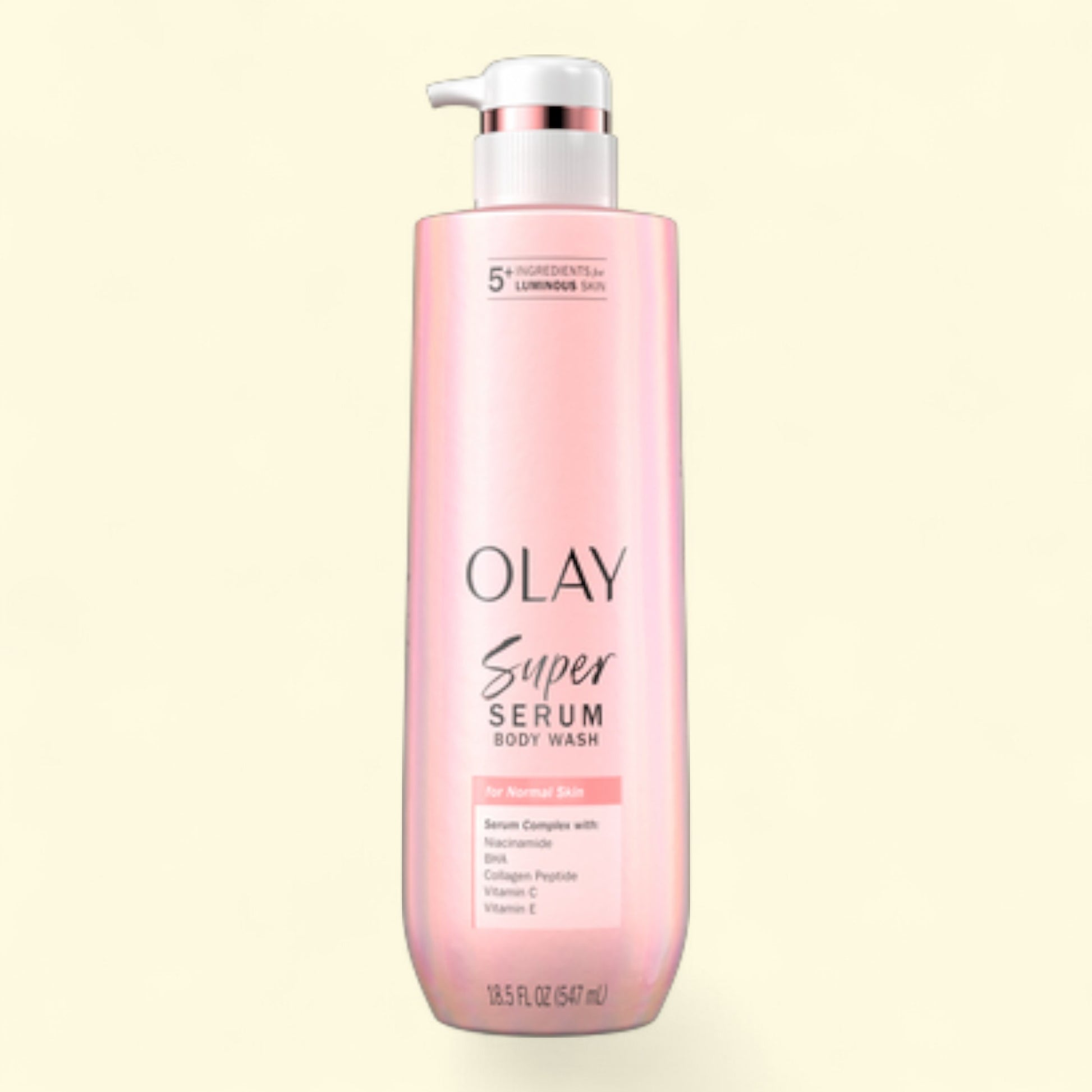 Olay Super Serum body wash bottle on a light beige background