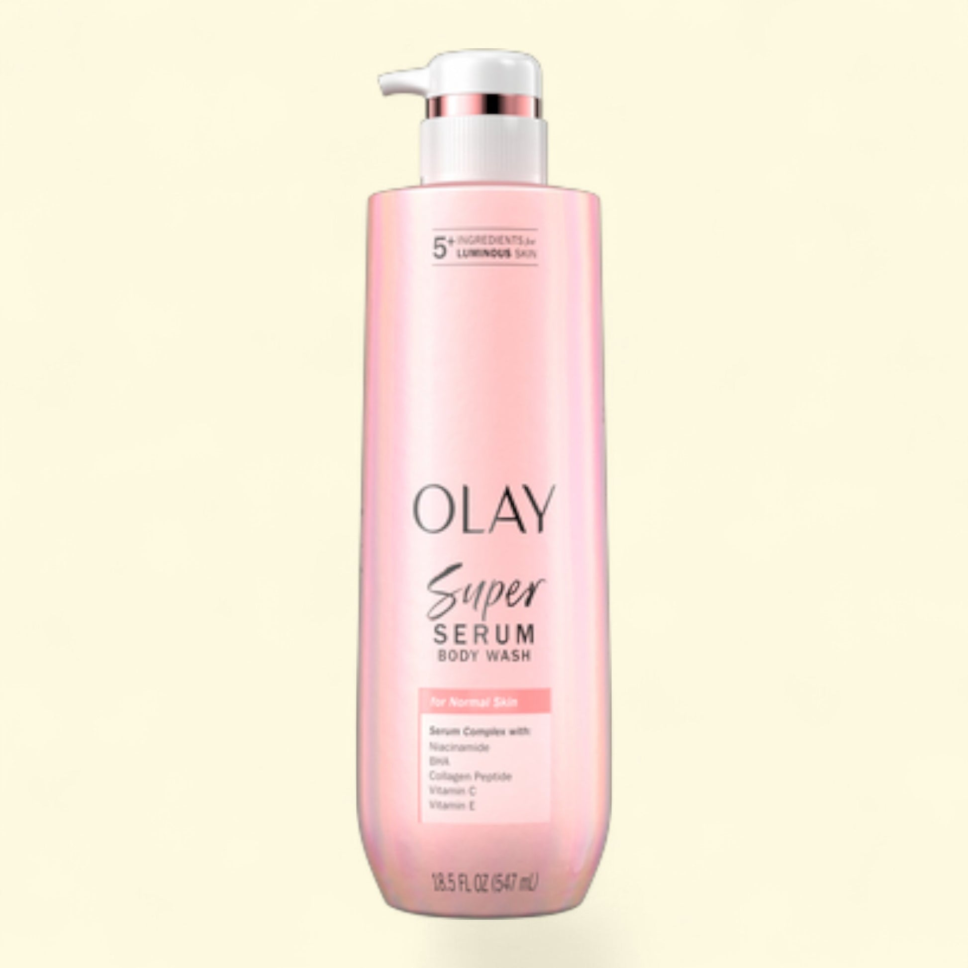 Olay Super Serum body wash bottle on a light beige background