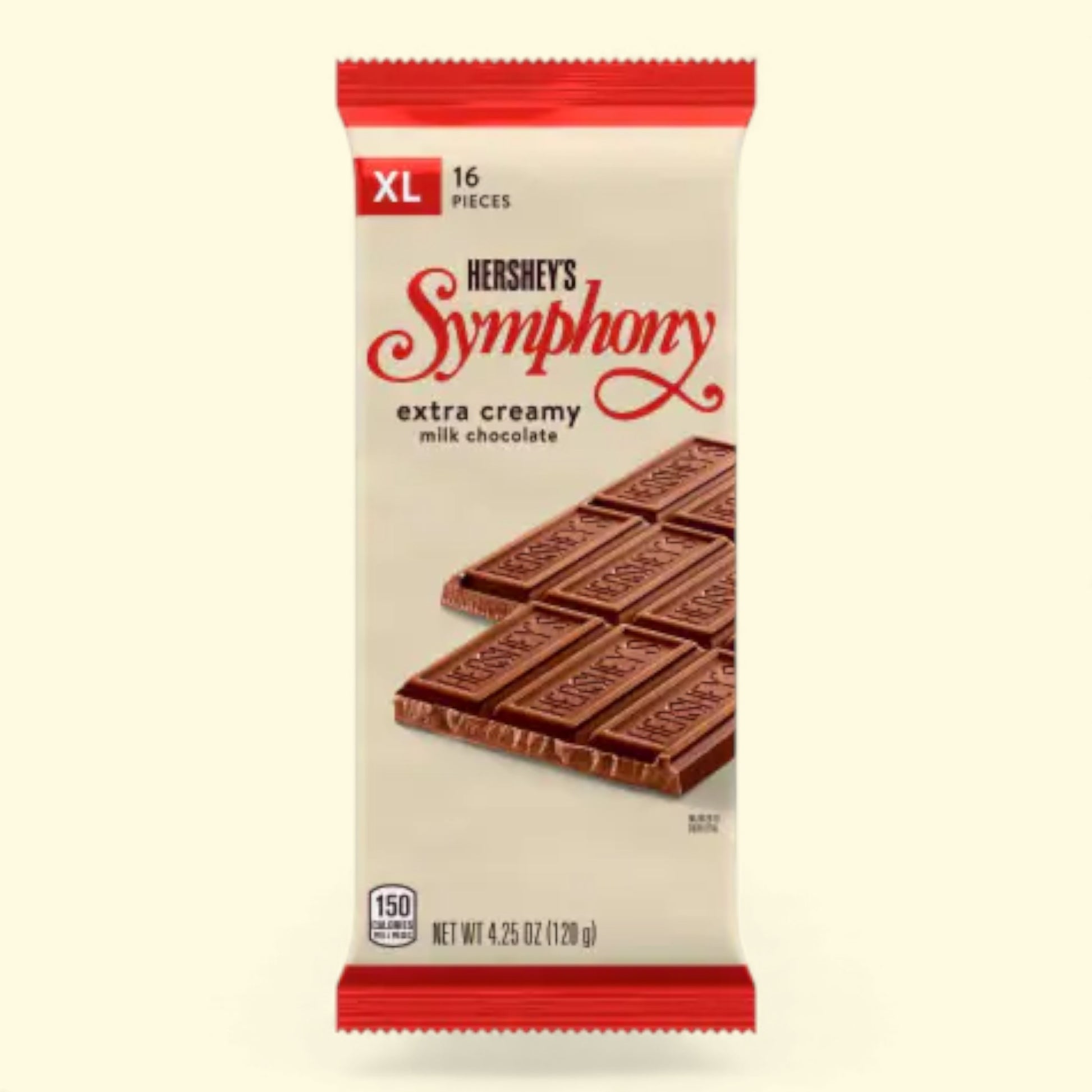Hershey's Symphony chocolate bar packaging on a beige background