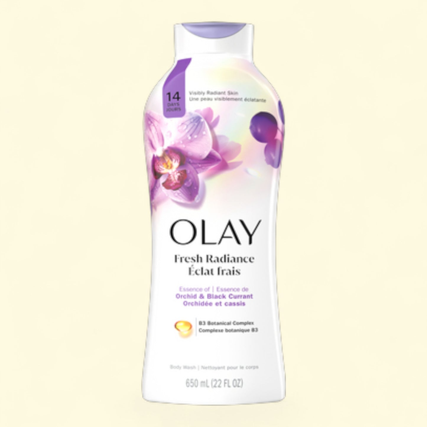 Olay Fresh Radiance body wash bottle on a light beige background