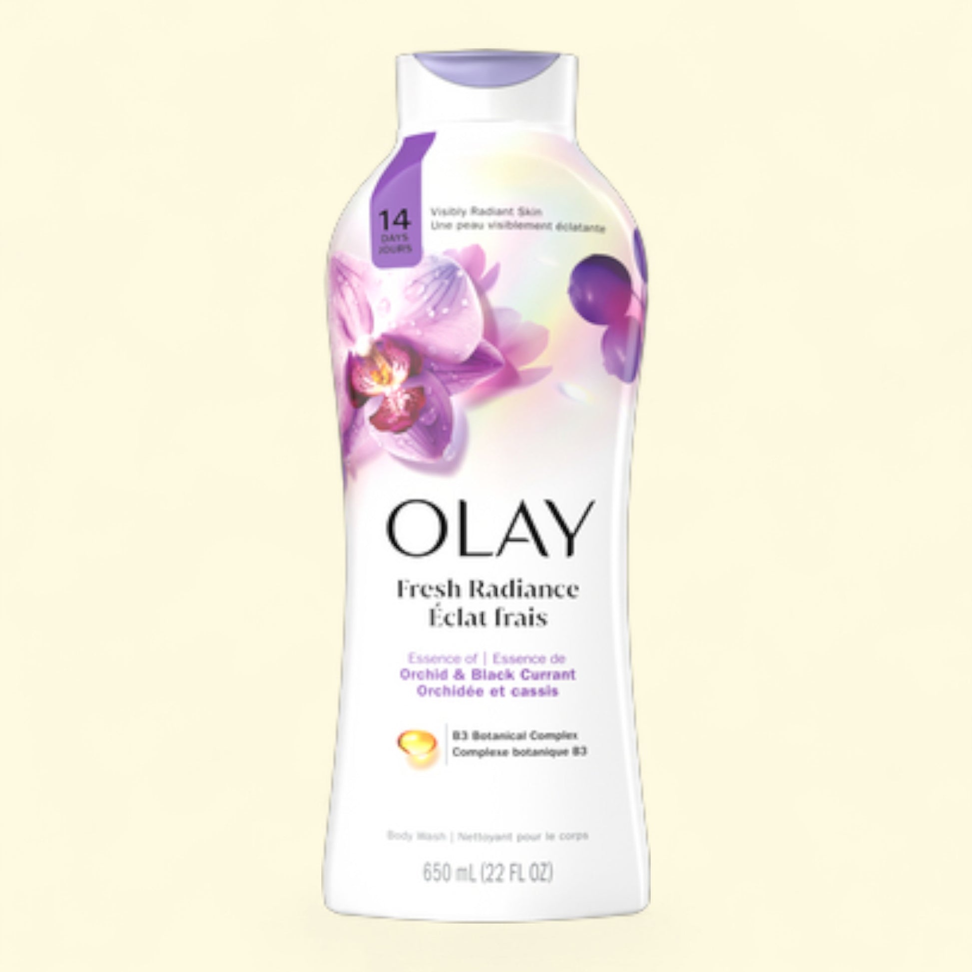 Olay Fresh Radiance body wash bottle on a light beige background