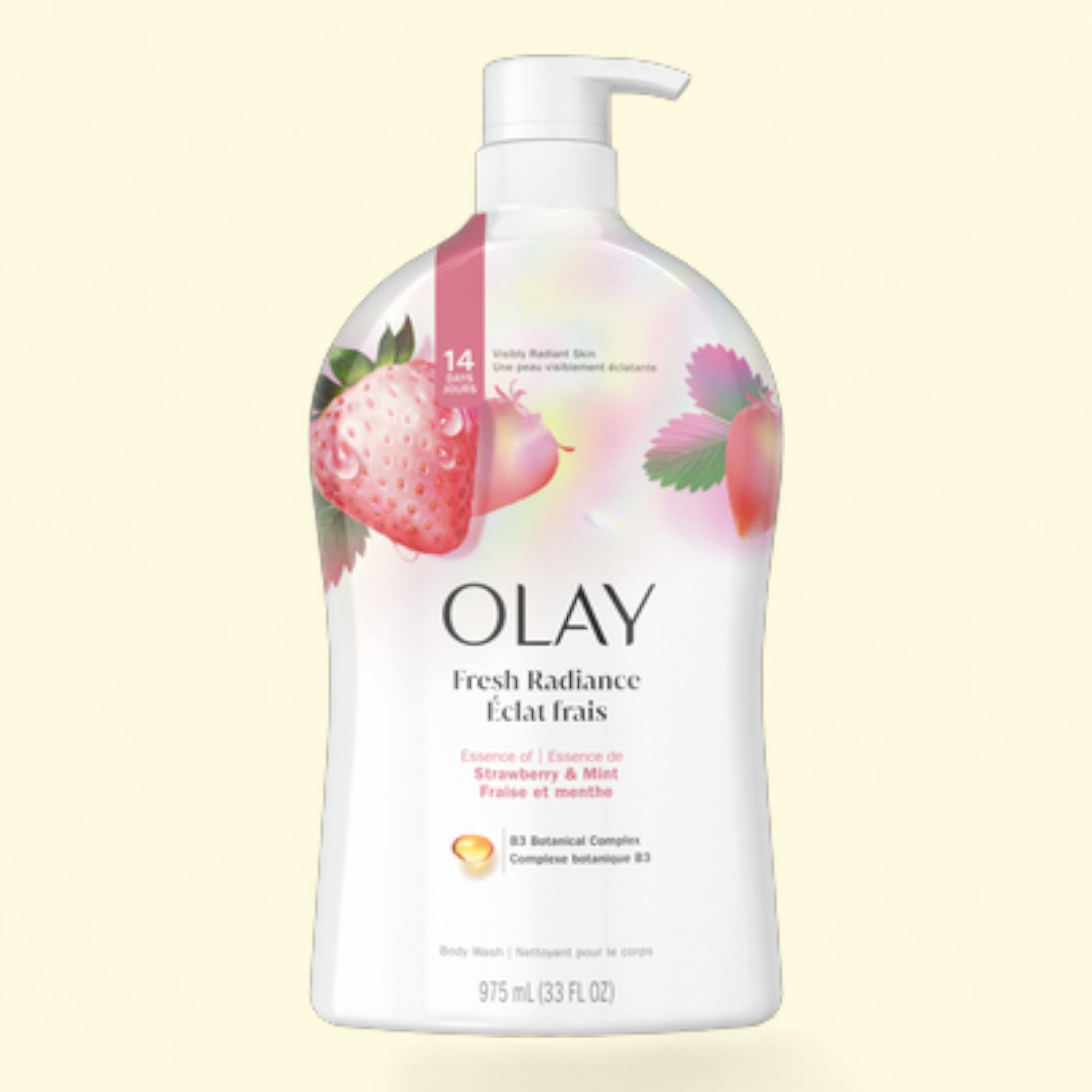 Olay Fresh Radiance lotion bottle with strawberry and mint design on a light beige background